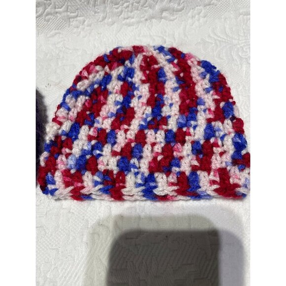 Handmade Crochet Baby Beanie Set - Purple & Red/White/Blue - Picture 2 of 5